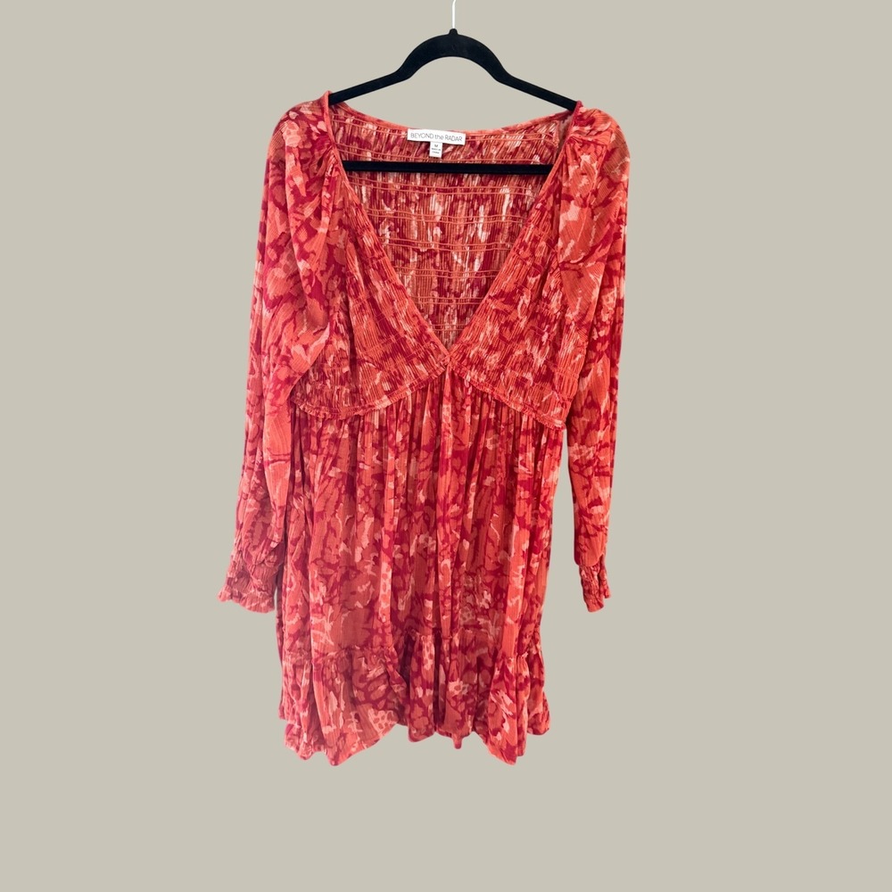 Beyond the Radar Womens Red Pink Abstract Floral Smocked V-Neck Mini Dress M